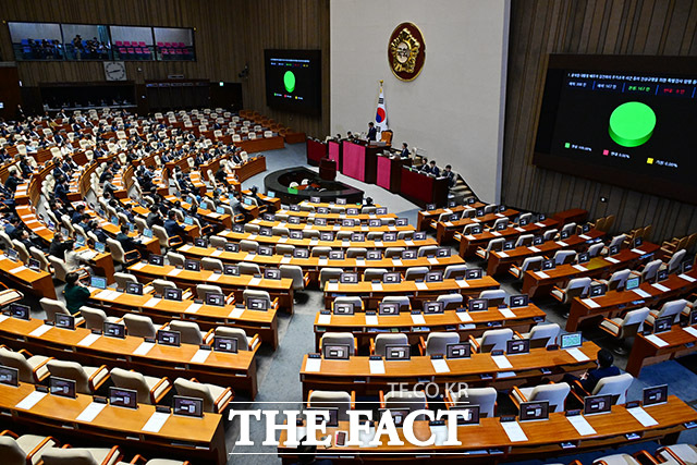 연일 야권이 명씨를 고리로 윤석열 대통령과 김 여사에 대한 공격 수위를 높이는 가운데 야권 내 긴장감이 돌고 있다. 사진은 지난19일 오후 서울 여의도 국회에서 열린 본회의에서 윤석열 대통령 배우자 김건희의 주가조작 사건 등의 진상규명을 위한 특별검사 임명 등에 관한 법륭안(대안)이 재석 167인 중 찬성 167인으로 가결되고 있는 모습. /남윤호 기자