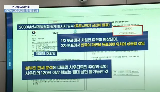 김준형 조국혁신당 의원이 지난 7일 국정감사에서 스크린을 통해 외교부 비밀문서를 공개한 모습. 김 의원은 이날 사회관계망서비스(SNS)에 국민 앞에서는 해명과 사과를 먼저 해야 한다며 기밀이 무능을 숨기는 수단이 되어서는 안 된다고 적었다. /국회방송 갈무리