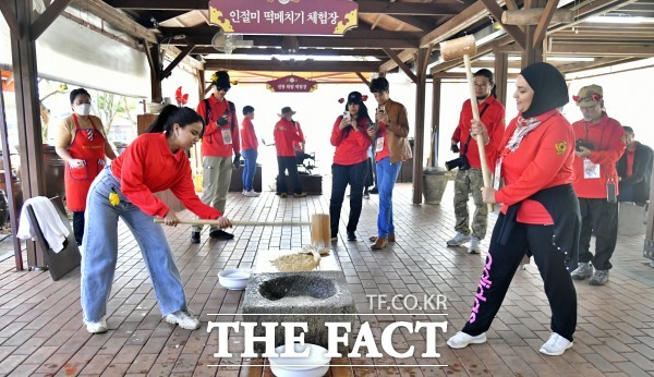 제19회 순창장류축제 축제 2일차 외국인들이 인절미 떡메치기 체험을 하고있다. /순창군