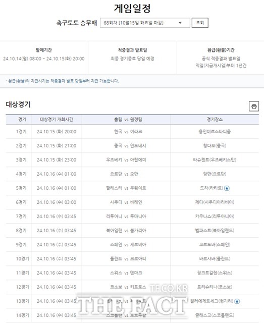 축구토토 승무패 68회차 대상 경기.