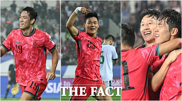 대한민국과 이라크의 2026 FIFA 북중미 월드컵 아시아 3차 예선전이 15일 오후 경기 용인시 용인미르스타디움에서 열린 가운데 오세훈과 오현규, 이재성(왼쪽부터)이 득점 후 기뻐하고 있다./용인미르스타디움=박헌우 기자