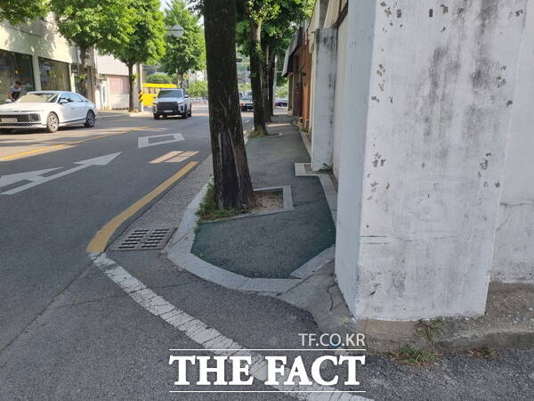 경북 구미시 금리단길의 인도가 가로수와 각종 시설물로 인해 장애인의 휠체어 통행이 불가능하다는 민원이 제기됐다. 장애인 이동권 보장을 요구하며 인도 개선을 요청했지만, 시는 수년간 대응을 하지 않고 있다./ 구미=박영우 기자