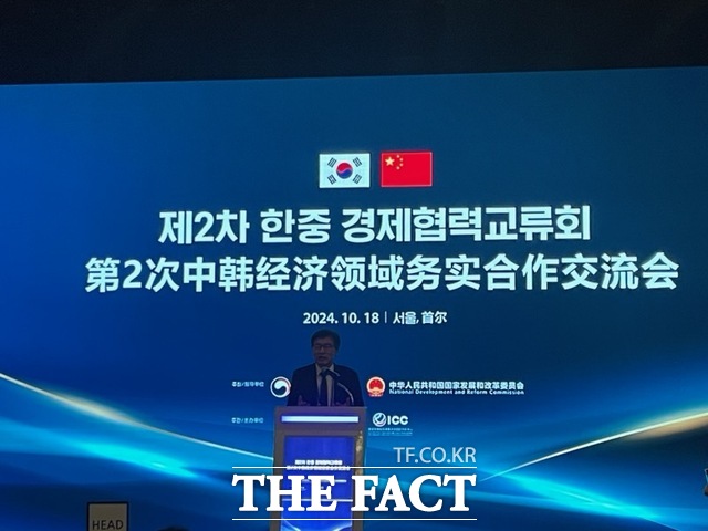 전형식 충남도 정무부지사가 18일 서울 웨스틴조선에서 열린 2차 한중 경제협력교류회에서 도내 투자 환경과 여건을 소개하고 있다. /충남도