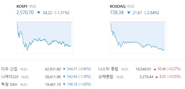 22일 코스닥은 전날보다 2.84% 하락한 738.34에 거래를 마쳤다. /네이버 증권 캡처