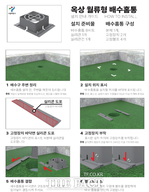 서울시가 건물 옥상에 빗물을 담아 도시 침수를 예방할 수 있는 10㎝ 월류형 배수홈통 설치 가이드라인을 전국 최초로 마련했다. /서울시