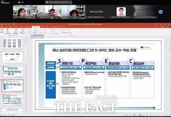 대전대학교(총장 남상호) 대학교육혁신원은 6일 ZOOM을 활용한 온라인 비대면 형식으로 국립한밭대학교, 선문대학교, 한남대학교 등 대전·충청권역 대학 관계자 175여 명이 참여한 가운데 ‘대학 간 융합 교육 우수사례 공유 시리즈 워크숍’을 개최했다 / 대전대학교