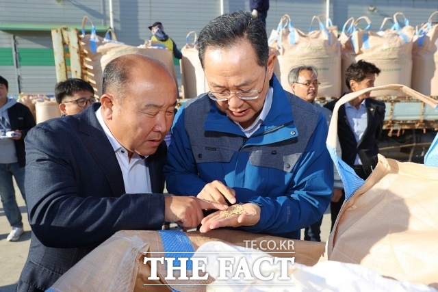 명현관 해남군수가 지난 7일 이성옥 해남군의회 의장과 함께 황산면 2024년산 공공비축미 포대벼 매입 현장을 찾아 벼 상태를 살펴보고 있다./해남군