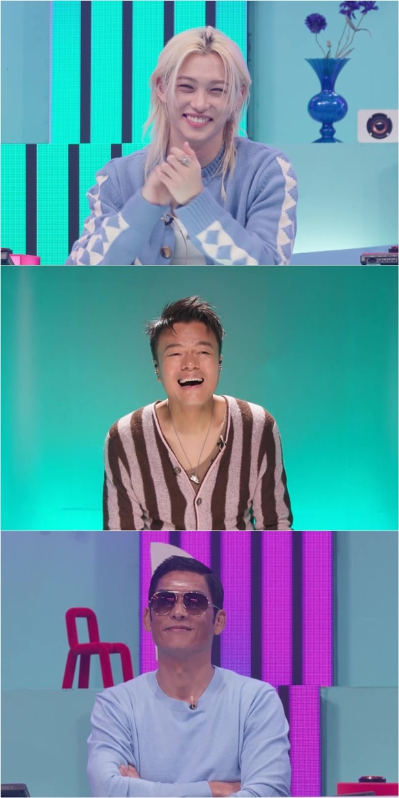 그룹 스트레이 키즈 멤버 필릭스가 박진영의 고음을 듣고 AI일 것 같다고 말한다. 사진은 필릭스 박진영 박준형(위쪽부터)이다. /KBS