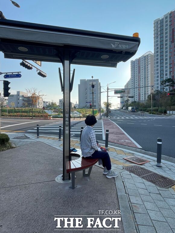 보령시가 고령자, 장애인, 임산부 등 보행 약자를 위해 설치한 장수 의자에 한 시민이 휴식을 취하고 있다. / 보령시