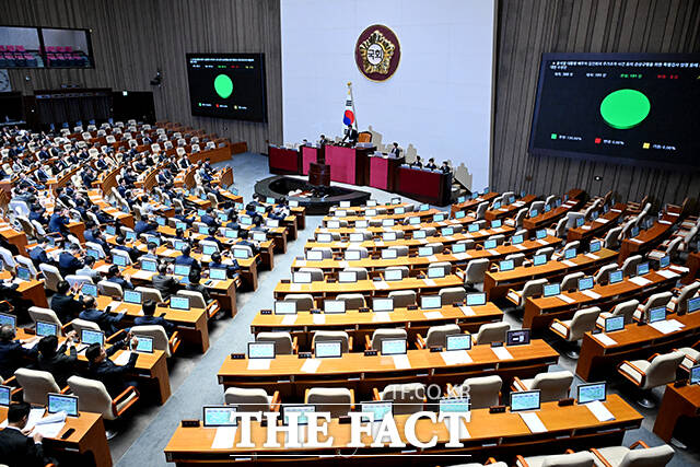 14일 오후 서울 여의도 국회에서 열린 제418회 국회(정기회) 제12차 본회의에서 김건희 여사 특검법이 가결되고 있다. /국회=배정한 기자