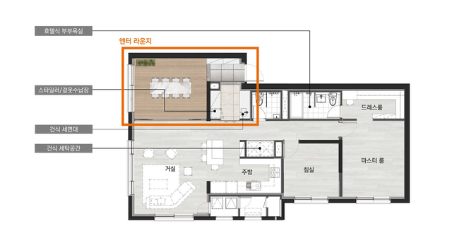 롯데건설은 지난 15일 2024 굿디자인 어워드에서 신평면도와 조명·난방 제어장치 디자인으로 각각 브론즈상(한국디자인진흥원장상)을 수상했다고 19일 밝혔다. 사진은 신평면개발 엔터라운지. /롯데건설