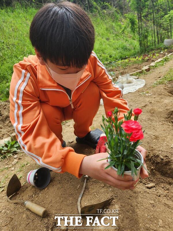 대전은어송중학교 학생이 텃밭가꾸기에 참여하고 있는 모습./대전시교육청