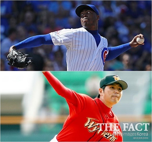 오뚝이 투수! 김광삼이 지난달 타구에 얼굴을 맞고 두개골 골절과 뇌출혈이란 중상을 입은 가운데 메이저리그 투수 채프먼(위)을 비롯해 KBO리그에서 활약했던 최상덕, 김원형(아래) 코치는 타구에 안면을 강타 당하고도 재기에 성공했다. / 게티이미지, SK 와이번스 제공