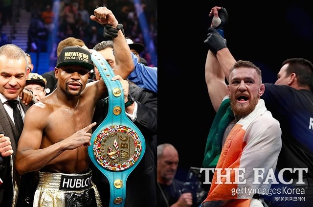 메이웨더 vs 맥그리거 8월 격돌! 무패 복서 메이웨더(왼쪽)와 UFC 최고 스타 맥그리거가 8월27일 격돌한다. /게티이미지코리아 제공