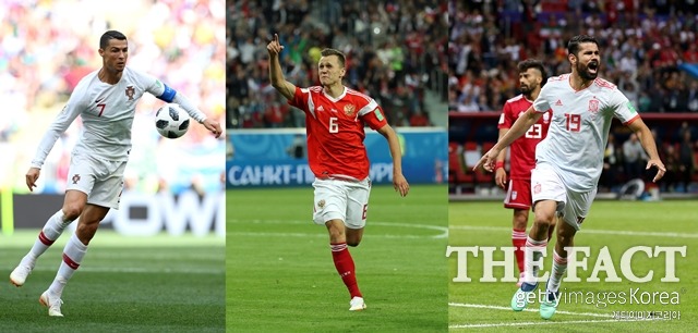 2018 러시아 월드컵 참가 32개국이 모두 1경기 이상 치른 가운데 포르투갈의 크리스티아누 호날두(맨 왼쪽)가 4골로 득점 선두를 달리고 있다. 그 뒤를 러시아의 체리세프(가운데)와 스페인의 디에구 코스타가 3골로 추격하고 있다. /게티이미지