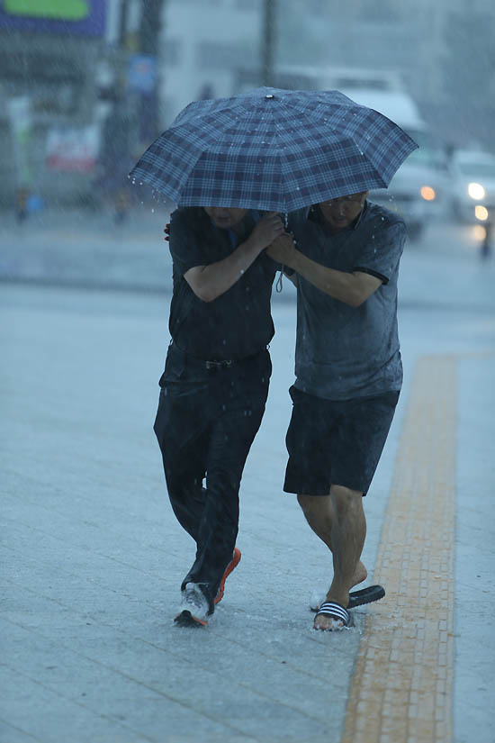 6일 오전 호우경보가 발령된 강원 강릉시에 많은 비가 내려 도심 도로 곳곳이 침수된 가운데 우산 하나를 같이 쓴 시민 2명이 걸음을 재촉하고 있다.  /강릉=뉴시스