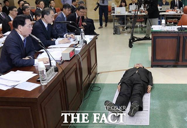 재치를 발휘해 성공한 대표적인 사례로는 고 노회찬 전 의원으로 뽑는다. 노 전 의원은 지난해 국정감사에서 바닥에 신문지를 깔고 누워 주목을 받았다. 신문지를 깔고 누워있는 노 전 의원의 모습. /뉴시스