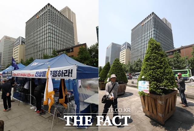 서울시는 30일 우리공화당의 불법 천막 설치를 막기 위해 광화문 광장에 대형 화분 80개를 설치했다. 우리공화당 천막(왼쪽)과 그 자리에 대형화분이 설치된 모습(오른쪽) /뉴시스