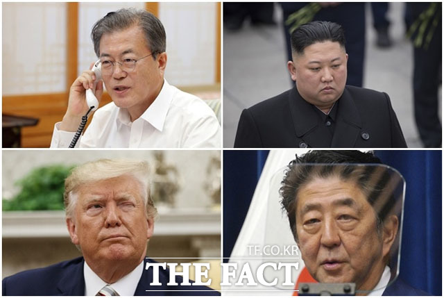 한반도 주변국 4개의 국가의 지도자들의 관상을 면밀히 분석해봤다. 오른쪽 위부터 문재인 대통령, 김정은 북한 국무위원장, 트럼프 미국 대통령, 아베 신조 일본 총리의 모습. /뉴시스