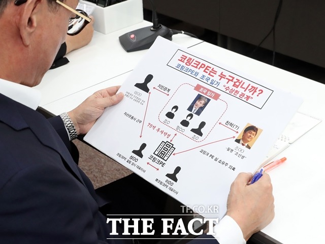 지난해 8월 서울 여의도 국회에서 열린 자유한국당 조국 인사청문회 대책TF 1차회의에서 김도읍 의원이 조국 법무부장관 후보자와 코링크PE 관계도를 보는 모습. /뉴시스