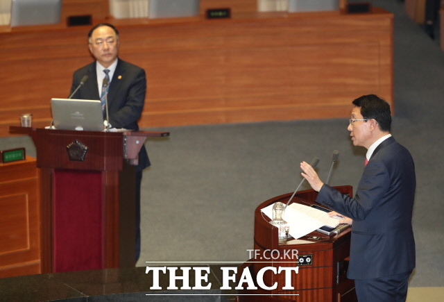 김상훈 미래통합당 의원이 3일 서울 여의도 국회에서 열린 경제 분야 대정부질문에서 홍남기 경제부총리를 향해 (목적 예비비 집행의) 때를 놓치면 안 된다고 말했다. /뉴시스