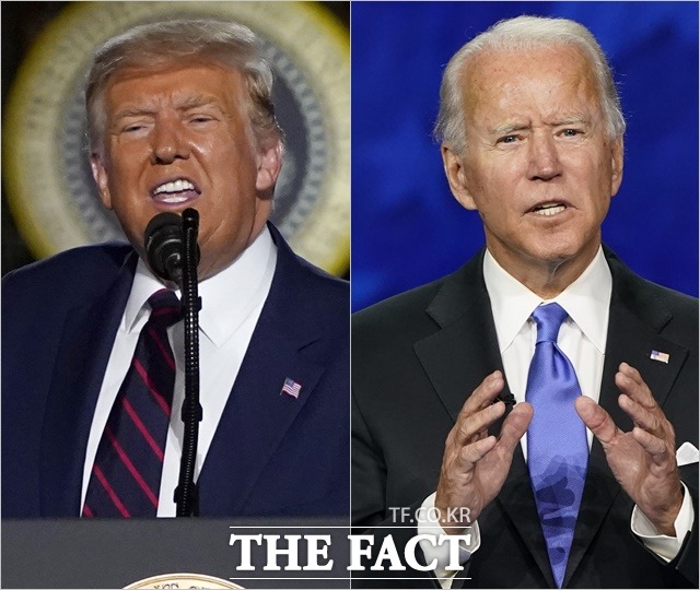 오는 11월 미국 대선에서 맞붙는 도널드 트럼프 대통령(왼쪽)과 조 바이든 민주당 대선후보가 29일(현지시간) 코로나19와 관련한 트윗 설전을 벌였다. /AP.뉴시스