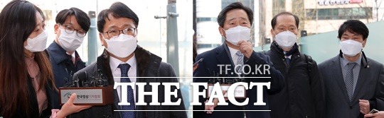 윤석열 검찰총장이 정직 2개월 처분에 불복해 제기한 집행정지 재판이 오는 24일 오후 3시 다시 열린다. 22일 오후 법무부측 법률대리인 이옥형(왼쪽사진) 변호사가 서울 서초구 서울행정법원으로 들어서며 취재진의 질문에 답하고 있다. 오른쪽 사진은 이날 행정법원으로 들어서며 취재진 질문에 답변하는 윤석열 총장측 법률대리인 이석웅(왼쪽부터), 이완규, 손경식 변호사. /뉴시스