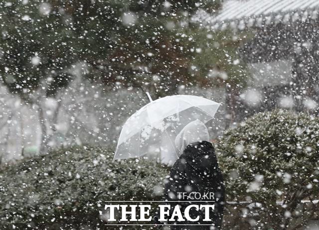 올 겨울 첫 대설주의보가 발령된 18일 오후 서울 서대문구에서 시민들이 눈을 맞으며 걸어가고 있다. /뉴시스