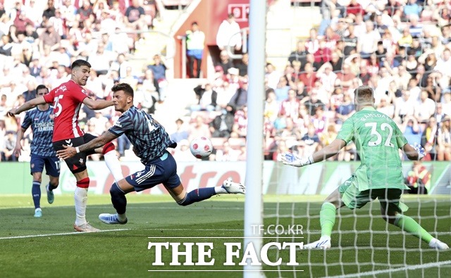 사우스햄튼의 베드나렉이 16일 아스널과 EPL 33라운드에서 전광석화와 같은 슛으로 선제 결승골을 기록하고 있다./사우스햄튼(영국)=AP.뉴시스