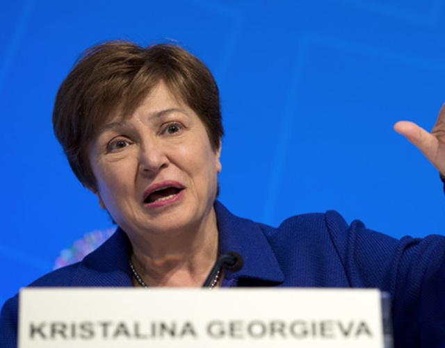 크리스탈리나 게오르기에바 국제통화기금(IMF) 총재가 23일(현지 시각) 스위스 다보스에서 열린 세계경제포럼(WEF) 연차총회(다보스 포럼)에서 한국산 가상자산 루나와 스테이블 코인 테라USD(UST)를 두고 다단계 피라미드 사기라고 비판했다. /뉴시스