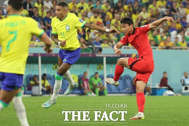 한국의 백승호(오른쪽)가 6일 카타르 도하의 974 스타디움에서 열린 브라질과 2022 카타르 월드컵 16강전에서 후반 31분 만회골을 터뜨리고 있다. /도하(카타르)=AP.뉴시스