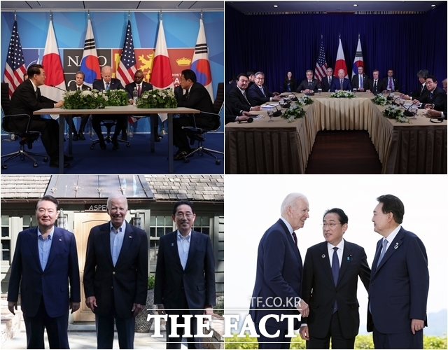 18일(현지시간) 워싱턴 D.C. 인근 캠프 데이비드에서 3자 단독 정상회의(하단 왼쪽)가 열렸다. 지난해 6월 스페인 마드리드 북대서양조약기구(NATO)정상회의, 같은 해 11월 캄보디아 프놈펜 동남아시아국가연합(ASEAN, 아세안), 지난 5월 일본 히로시마 G7(주요 7개국) 정상회의(왼쪽 상단부터 시계방향) 등 그동안은 국제회의 계기에 3국 회담을 개최해왔다. /대통령실 제공·뉴시스