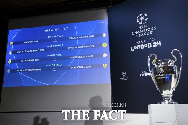2023~2024 UEFA 챔피언스리그 트로피인 빅 이어를 차지하기 위한 길목의 8강 대진표가 확정됐다. 이강인과 김민재가 결승에 진출해야 코리안 더비를 펼칠 수 있게 됐다./니옹(스위스)=AP.뉴시스