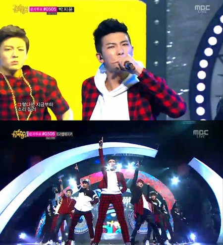 보이그룹 방탄소년단이 9일 오후 방송된 MBC '쇼! 음악중심'에 출연해 신곡 '진격의 방탄'으로 화려한 랩 실력을 뽐냈다./MBC '쇼! 음악중심'방송 캡처