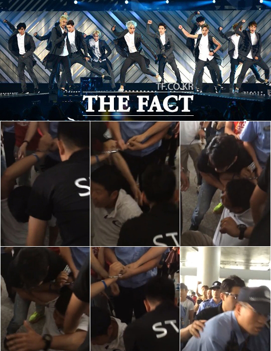 엑소가 중국 공항에서 공항 직원과 폭행 사건에 휘말린 가운데 소속사 SM엔터테인먼트가 엑소 경호원과 공항 직원의 폭행 사고라고 정정했다. /이새롬 기자, 중국 언론 보도 사진 캡처