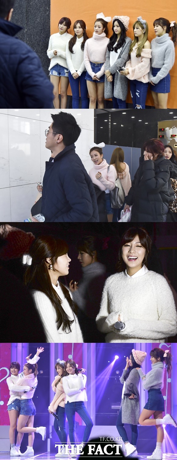 힘들어도 씩씩하게, 참 해맑은 우리 에이핑크 에이핑크가 매니저들의 도움을 받아 열정적으로 스케줄을 소화했다. /일산=최진석 기자
