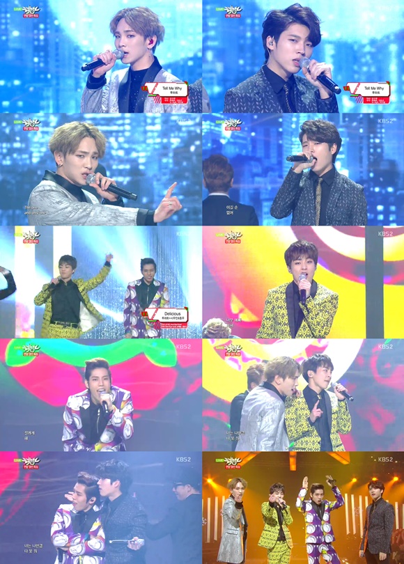 샤이니 키, 인피니트 우현, 엑소 시우민, 인피니트 동우가 투하트의 딜리셔스 스페셜 무대를 함께 꾸몄다. /KBS2 뮤직뱅크 방송