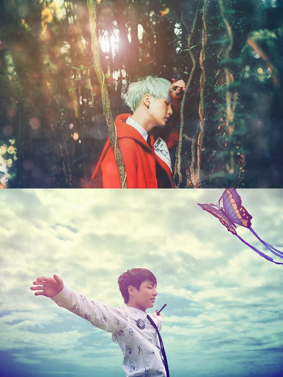 방탄소년단 화양연화 pt.2 콘셉트 포토 속 슈가(위)와 정국. 두 사람은 숲과 하늘을 배경으로 비현실적이게 느껴지는 청춘의 에너지를 표현했다. /빅히트엔터테인먼트 제공