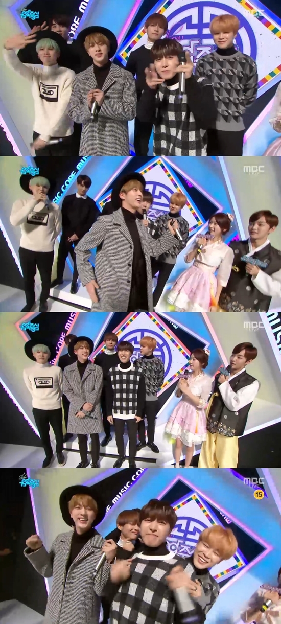 팬들을 향해 애교를 보여준 방탄소년단. 방탄소년단은 깜찍하게 새해 인사를 했다. /MBC 쇼! 음악중심 방송 화면 캡처