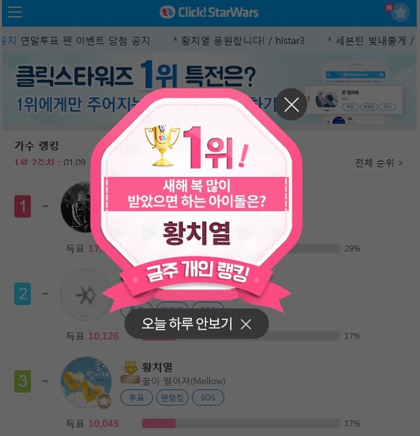 황치열 클릭스타워즈 개인랭킹 1위 확정! 황치열이 클릭스타워즈에서 개인랭킹 1위를 차지하며, 대세임을 증명했다. / 클릭스타워즈 메인