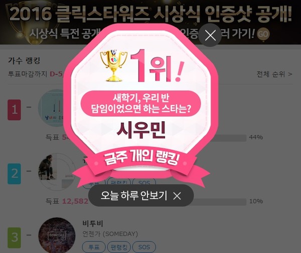 그룹 엑소 시우민이 클릭스타워즈 개인랭킹 1위에 올랐다. 10주 연속 1위를 자치하면 인기상 트로피를 받는다. /클릭스타워즈 제공