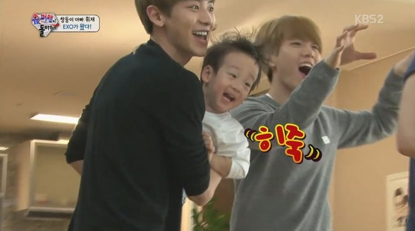 그룹 엑소 백현·찬열이 서언과 서준을 만났다. 백현·찬열은 아이들과 다양한 활동을 함께 즐겼다. /KBS2 슈퍼맨이 돌아왔다 방송화면 캡처