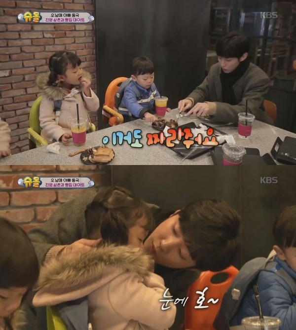 그룹 B1A4 진영이 설아·수아·대박의 일일삼촌이 됐다. 진영은 아이들에게 한없이 다정한 삼촌의 모습을 보여줘 보는 이의 눈길을 끌었다. /KBS2 슈퍼맨이 돌아왔다 방송화면 캡처