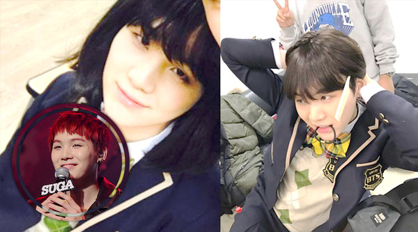 그룹 방탄소년단 슈가의 여장 사진은 지난 3월 방탄소년단 공식 SNS를 통해 공개됐다. 사진 속 슈가는 단발머리에 여자 교복을 입고 새침한 표정을 짓고 있다. /방탄소년단 공식 SNS