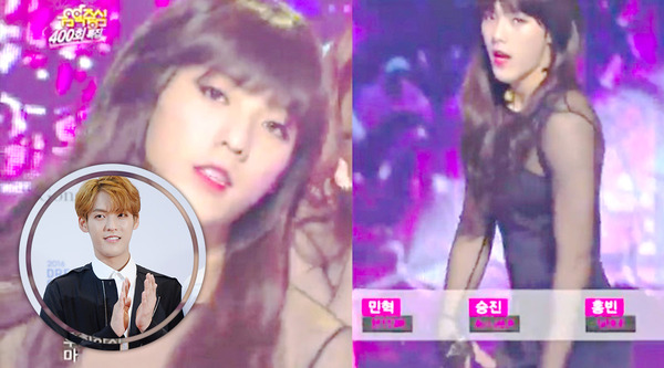 그룹 비투비 민혁은 MBC 음악중심 400회 특집을 맞아 걸스데이 남자판 보이스데이로 변신했다. 당시 민혁은 긴 머리에 속살이 드러나는 옷을 입고 섹시 댄스를 췄다. /MBC 음악중심 방송화면 캡처