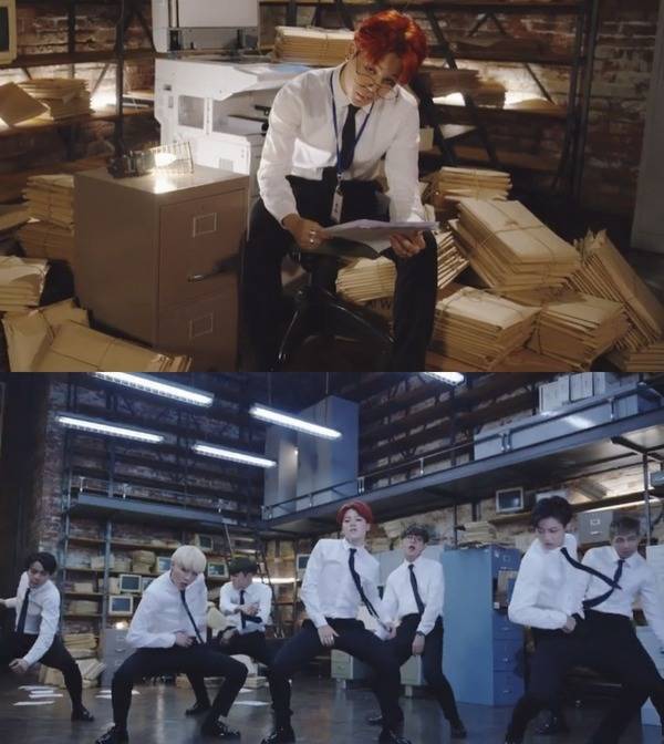 방탄소년단의 자신감을 표현한 곡 쩔어. 지민은 하루의 절반은 작업에 쩔어라는 노랫말처럼, 열심히 일을 하다 이내 칼군무를 보여주는 프로페셔널한 모습을 드러냈다. /뮤직비디오 캡처