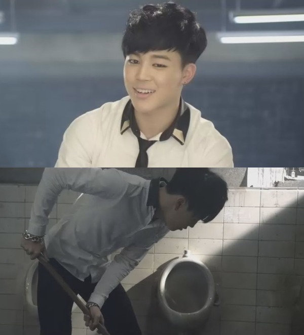 상남자는 이때까지 꿈과 행복을 노래하던 방탄소년단이 사랑을 이야기하는 곡이다. 당시 지민은 교복 패션에 화려한 액세서리로 거친 분위기를 연출했다. /뮤직비디오 캡처