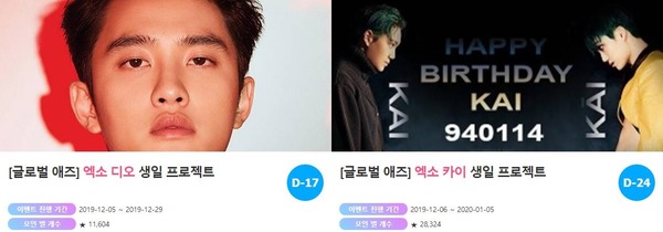 1월 생일 디오·카이. 아이돌 주간 순위사이트 팬앤스타에서는 12일 그룹 엑소 디오와 카이의 생일 광고 서포트를 진행하고 있다. /팬앤스타-애즈닷 코너 갈무리