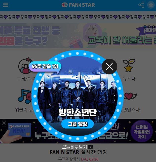 지난 28일 그룹 방탄소년단이 팬앤스타 그룹랭킹 1위를 차지했다. /팬앤스타