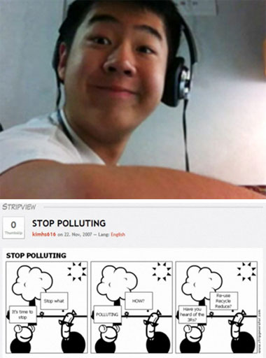 ▲ 북한 김정일 국방위원장의 장손으로 알려진 김한솔(위)과 김한솔의 ID로 카툰 사이트에 올라 있는 '환경오염 그만'이라는 제목의카툰. /사진=스트립제너레이터닷컴 외